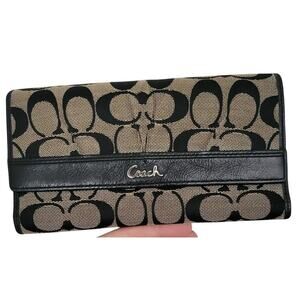 Coach Signature Canvas & Leather Pleated Trifold Card‎ Wallet Snap Clutch Brown